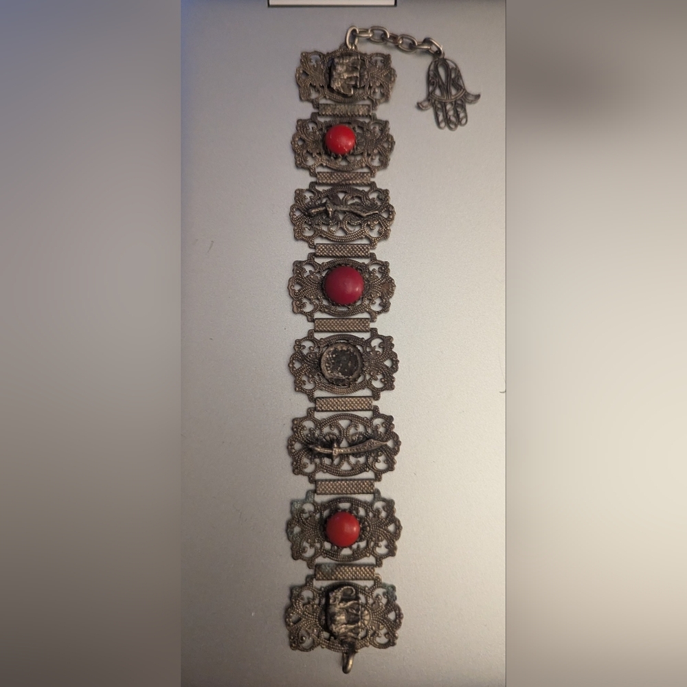 Vintage Moroccan/Algerian Panel Bracelet Red Glass Cabochons W/ Filigree Panels